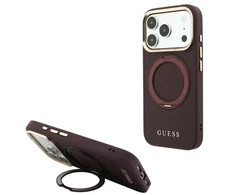 Dėklas Guess Ring Stand 360 Grained Classic Logo MagSafe do iPhone 18 Pro Max / 17 Pro Max bordo spalvos