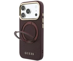 Dėklas Guess Ring Stand 360 Grained Classic Logo MagSafe do iPhone 18 Pro Max / 17 Pro Max bordo spalvos