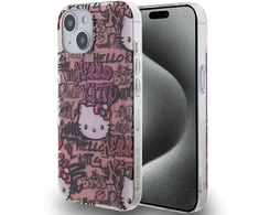 Apple iPhone 13 / 14 / 15 Hello Kitty dėklas IML Tags Graffiti (HKHCP15SHDGPTP) rožinės spalvos