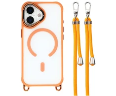 „Hurtel“ „iPhone 17“ dėklas su reguliuojamu dirželiu per petį ir „MagSafe“ suderinamu kameros rėmeliu kaip stovas – oranžinis