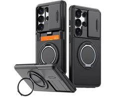 Hurtel Samsung Galaxy S26 Ultra magnetinis dėklas su 360° metaliniu žiedu ir kameros dangteliu - Juodas