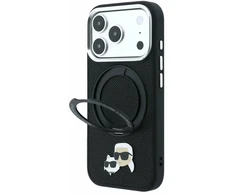 Dėklas Karl Lagerfeld arl Lagerfeld PU Grained K&amp;CH Heads Ring Stand Magsafe Case for iPhone 18 Pro Max Juodas