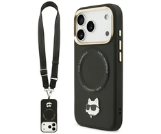 Karl Lagerfeld Big Strap Choupette Metal Logo MagSafe dėklas skirtas Apple iPhone 17 Pro Max juodos spalvos