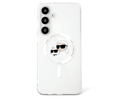 Karl Lagerfeld Button Karl &amp; Choupette Heads Printed Logo MagSafe Samsung Galaxy S25 Plus dėklas telefonui baltos spalvos