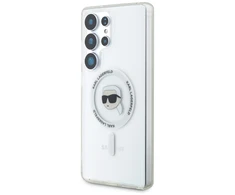 Dėklas Karl Lagerfeld Button Karl Head Printed Logo MagSafe Samsung Galaxy S25 Ultra baltos spalvos