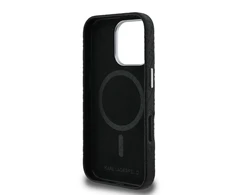 Karl Lagerfeld Grained PU Repeated Logo MagSafe dėklas skirtas Apple iPhone 16 Pro juodos spalvos