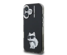 Karl Lagerfeld IML Aquarelle Choupette dėklas Apple iPhone 16 juodos spalvos