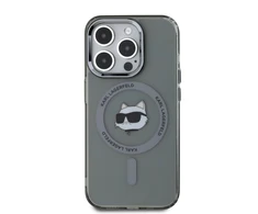 Karl Lagerfeld IML Choupette Head Metal Frame MagSafe dėklas telefonui Apple iPhone 15 Pro juodos spalvos