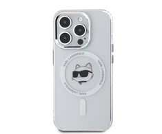 Karl Lagerfeld IML Choupette Head Metal Frame MagSafe dėklas telefonui Apple iPhone 15 Pro skaidrus