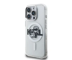 Karl Lagerfeld IML Glitter Karl and Choupette Sketch MagSafe dėklas Apple iPhone 15 Pro skaidrus