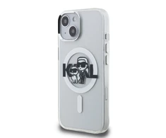 Karl Lagerfeld IML Glitter Karl and Choupette Sketch MagSafe dėklas Apple iPhone 15 skaidrus