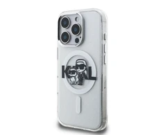 Karl Lagerfeld IML Glitter Karl and Choupette Sketch MagSafe dėklas Apple iPhone 16 Pro skaidrus