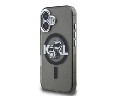 Karl Lagerfeld IML Glitter Karl and Choupette Sketch MagSafe dėklas Apple iPhone 16 juodos spalvos