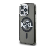 Karl Lagerfeld IML Glitter Karl and Choupette Sketch MagSafe dėklas Apple iPhone 15 Pro juodos spalvos