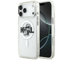 Karl Lagerfeld IML Glitter Karl &amp; Choupette Sketch Logo MagSafe dėklas skirtas Apple iPhone 17 Pro Max Clear