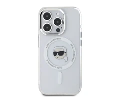 Karl Lagerfeld dėklas skirtas Apple iPhone 15 Pro Max compatible with MagSafe KLHMP15XHLSKIH (IML Metal K Head) baltos spalvos