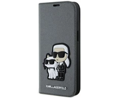 Karl Lagerfeld KLBKP14SSANKCPG Apple iPhone 14 6.1" atverčiamas dėklas telefonui sidabro spalvos Saffiano Karl &amp; Choupette