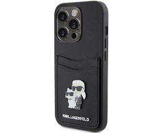 Apple iPhone 15 Pro Karl Lagerfeld dėklas Saffiano Cardslot Karl&amp;Choupette Metal Pin (KLHCP15LSAPKCNPK) juodos spalvos