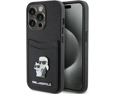 Apple iPhone 15 Pro Karl Lagerfeld dėklas Saffiano Cardslot Karl&amp;Choupette Metal Pin (KLHCP15LSAPKCNPK) juodos spalvos