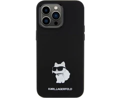 Apple iPhone 15 Pro Karl Lagerfeld silikoninis dėklas Choupette Metal Pin (KLHCP15LSMHCNPK) juodos spalvos