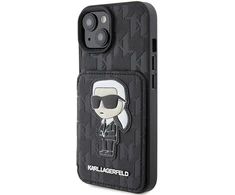 Apple iPhone 15 Karl Lagerfeld dėklas Saffiano Cardslots and Stand Monogram Ikonik Patch (KLHCP15SSAKKNSCK) juodos spalvos