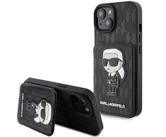 Apple iPhone 15 Karl Lagerfeld dėklas Saffiano Cardslots and Stand Monogram Ikonik Patch (KLHCP15SSAKKNSCK) juodos spalvos