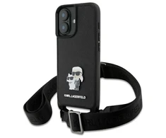 Karl Lagerfeld KLHCP16SSAKCPBK Apple iPhone 16 6.1" dėklas telefonui juodos spalvos Saffiano Karl&amp;Choupette Metal Pin CBDY Strap