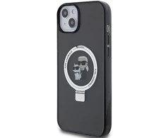 Apple iPhone 13 / 14 / 15 Karl Lagerfeld dėklas Ring Stand Karl&amp;Choupettte MagSafe (KLHMP14SHMRSKCK) juodos spalvos