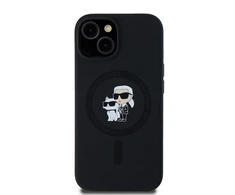 Apple iPhone 15 Plus / 14 Plus Karl Lagerfeld dėklas silikoninis Karl &amp; Choupette Magsafe (KLHMP15MSCMKCRHK) juodos spalvos