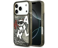 Dėklas Original Pouch Karl Lagerfeld Liquid Glitter Choupette Logo MagSafe skirtas Apple iPhone 17 Pro juodos spalvos