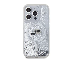 Karl Lagerfeld Liquid Glitter Karl and Choupette Heads MagSafe dėklas telefonui Apple iPhone 15 Pro Max skaidrus