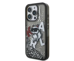 Karl Lagerfeld Liquid Glitter Scattered Choupette dėklas Apple iPhone 16 Pro Max juodos spalvos