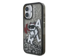 Karl Lagerfeld Liquid Glitter Scattered Choupette dėklas Apple iPhone 16 juodos spalvos