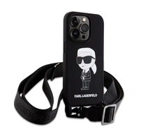 Apple iPhone 15 Pro Max Karl Lagerfeld dėklas juodos spalvos Crossbody silikoninis Ikonik (Klhcp15xcbsknk) juodos spalvos