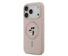 Karl Lagerfeld Liquid Silicone Karl and Choupette MagSafe dėklas skirtas Apple iPhone 17 Pro rožinės spalvos