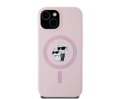 Karl Lagerfeld Liquid silikoninis Karl and Choupette MagSafe Apple iPhone 15 dėklas telefonui rožinės spalvos