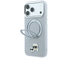 Karl Lagerfeld PU Grained K&CH Heads Ring Stand Magsafe dėklas, skirtas iPhone 18 Pro Max, pilkas
