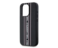 Karl Lagerfeld PU Saffiano Athleisure Stripe and Strap dėklas telefonui Apple iPhone 15 Pro rožinės spalvos