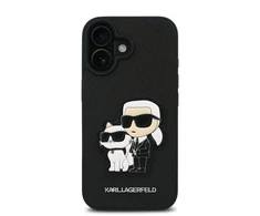 Karl Lagerfeld PU Saffiano Karl and Choupette Apple iPhone 16 dėklas telefonui juodos spalvos