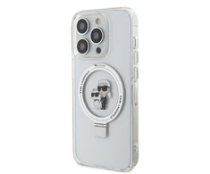 Karl Lagerfeld dėklas, skirtas iPhone 15 Pro 6,1 KLHMP15LHMRSKCH baltos spalvos HC MAGSAFE RINGSTAND KC
