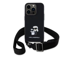 Karl Lagerfeld Saffiano Crossbody Strap Metal Karl and Choupette dėklas telefonui Apple iPhone 15 Pro juodos spalvos