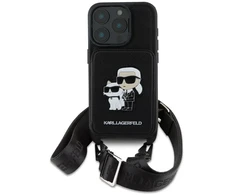 Karl Lagerfeld Saffiano kryžminė rankena Karl and Choupette dėklas iPhone 16 Pro juodas