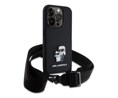 Karl Lagerfeld Saffiano Crossbody Strap Metal Karl and Choupette dėklas telefonui Apple iPhone 15 Pro juodos spalvos