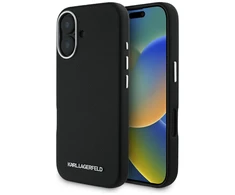 Karl Lagerfeld Saffiano Full Wrapped Elongated Metal Logo MagSafe Apple iPhone 16 dėklas telefonui juodos spalvos