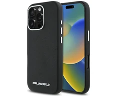 Karl Lagerfeld Saffiano Full Wrapped Elongated Metal Logo MagSafe Apple iPhone 16 Pro dėklas telefonui juodos spalvos