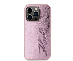Karl Lagerfeld Wrinkled PU Signature Logo dėklas telefonui Apple iPhone 15 Pro rožinės spalvos