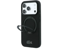 Lacoste PVC Petit Pique pusiau uždengiamas dėklas su žiediniu stovu ir MagSafe funkcija, skirtas iPhone 18 Pro, juodas