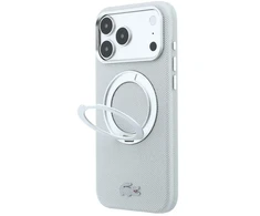 Lacoste PVC Petit Pique pusiau uždengiamas dėklas su žiediniu stovu ir MagSafe funkcija, skirtas iPhone 18 Pro Max, šviesiai pilkas
