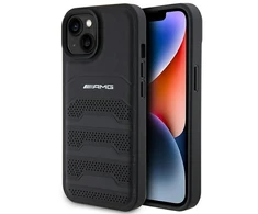 Mercedes Benz Apple iPhone 15 Plus Mercedes AMG dėklas odinis Debossed Lines (AMHCP15MGSEBK) juodos spalvos
