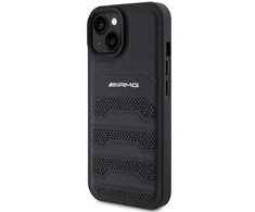 Mercedes Benz Apple iPhone 15 Plus Mercedes AMG dėklas odinis Debossed Lines (AMHCP15MGSEBK) juodos spalvos